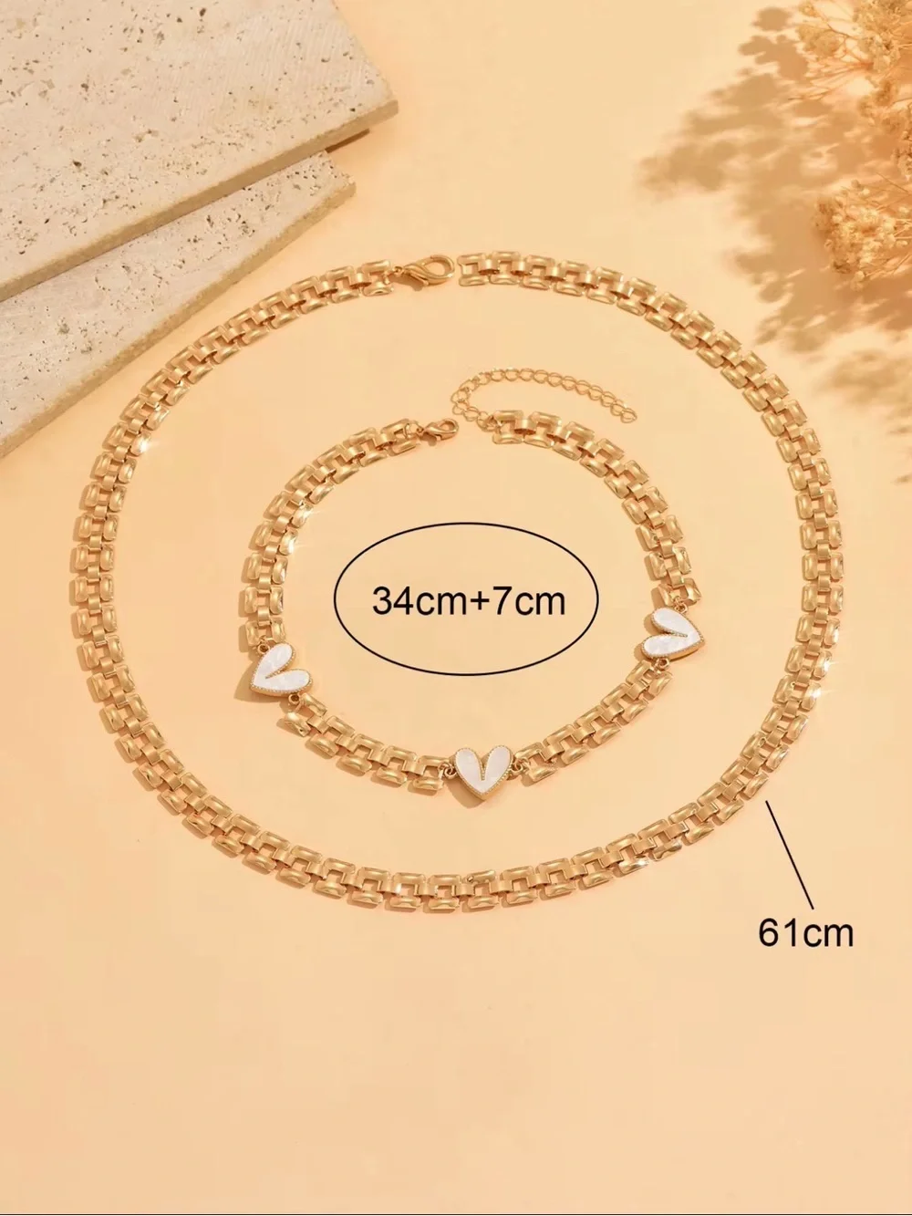 Twopieces Gold Heart Link Choker & Chain Necklace Set